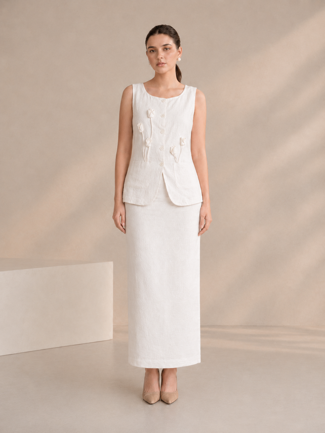 Linen Floral Appliqué Sleeveless Top & Long Skirt Co-Ord Set