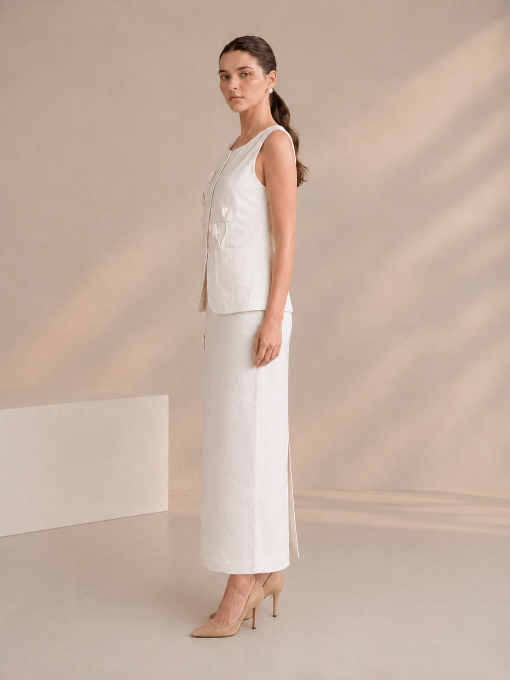 Linen Floral Appliqué Sleeveless Top & Long Skirt Co-Ord Set