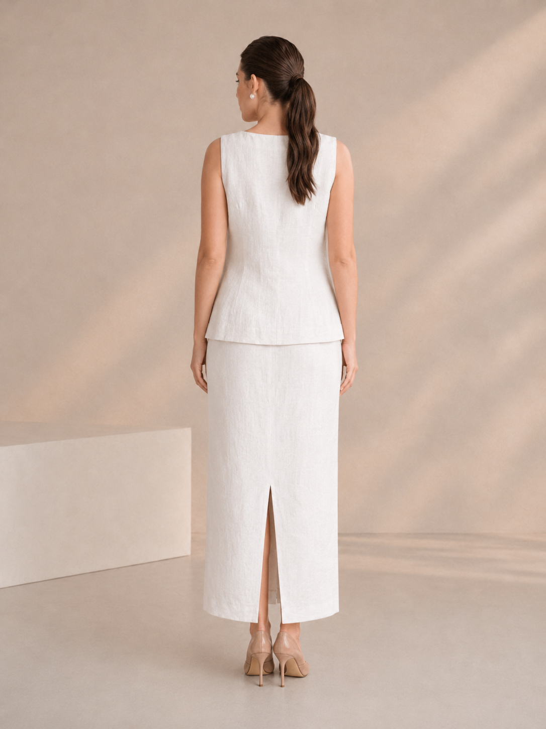 Linen Floral Appliqué Sleeveless Top & Long Skirt Co-Ord Set