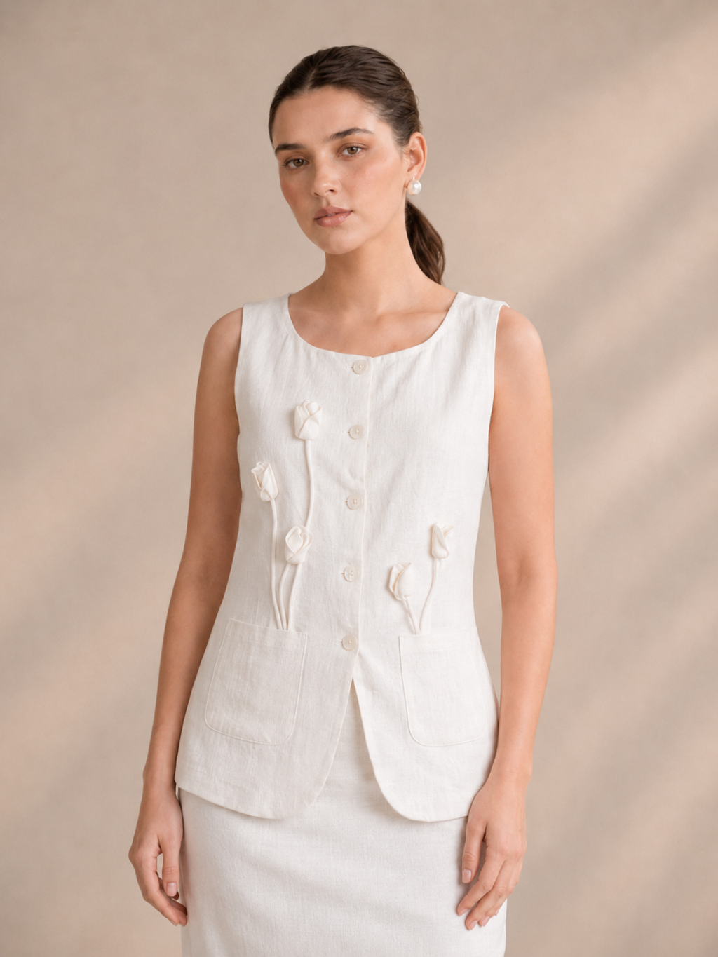 Linen Floral Appliqué Sleeveless Top & Long Skirt Co-Ord Set