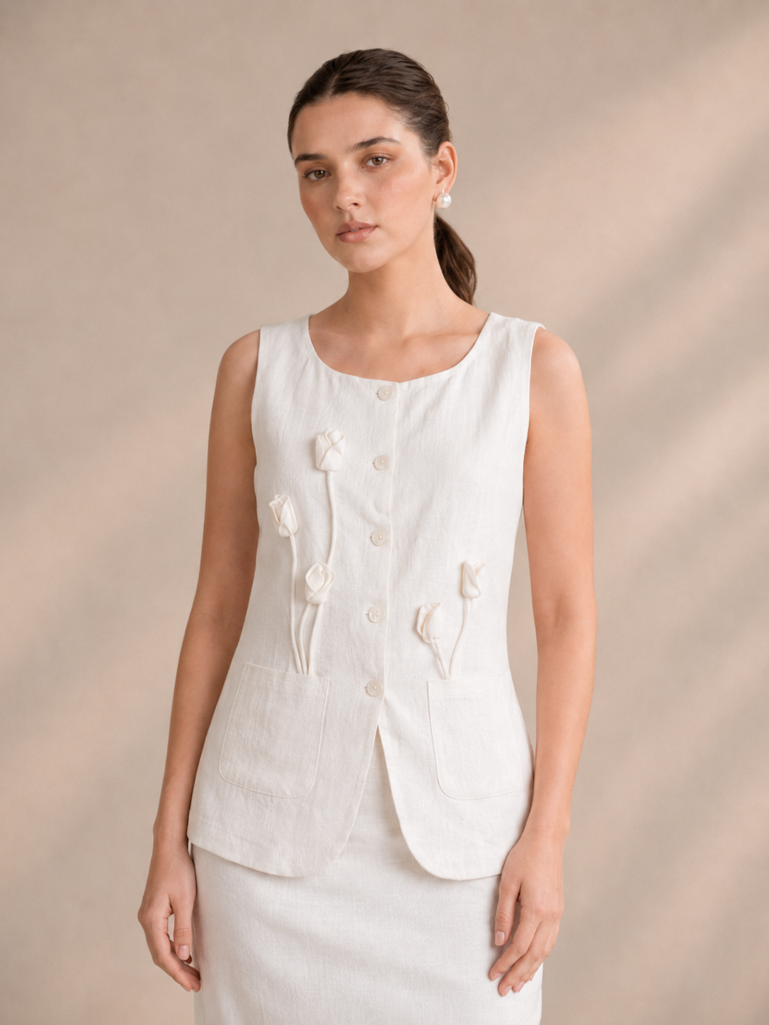 Linen Floral Appliqué Sleeveless Top & Long Skirt Co-Ord Set