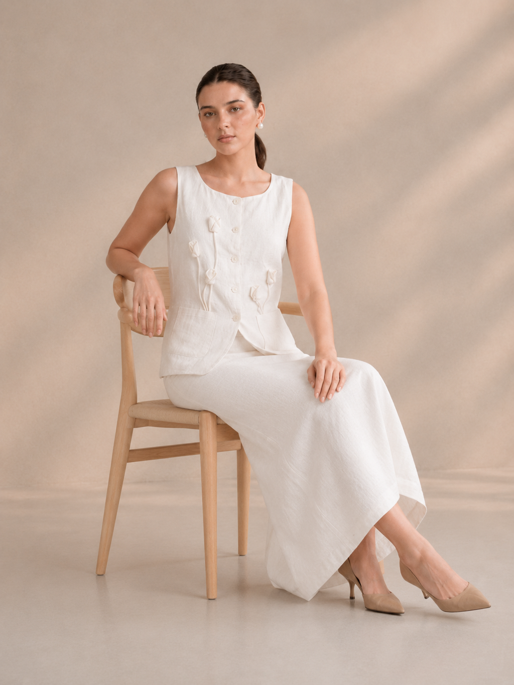 Linen Floral Appliqué Sleeveless Top & Long Skirt Co-Ord Set