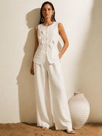 Floral Appliqué Button-Front Vest Top – Ivory