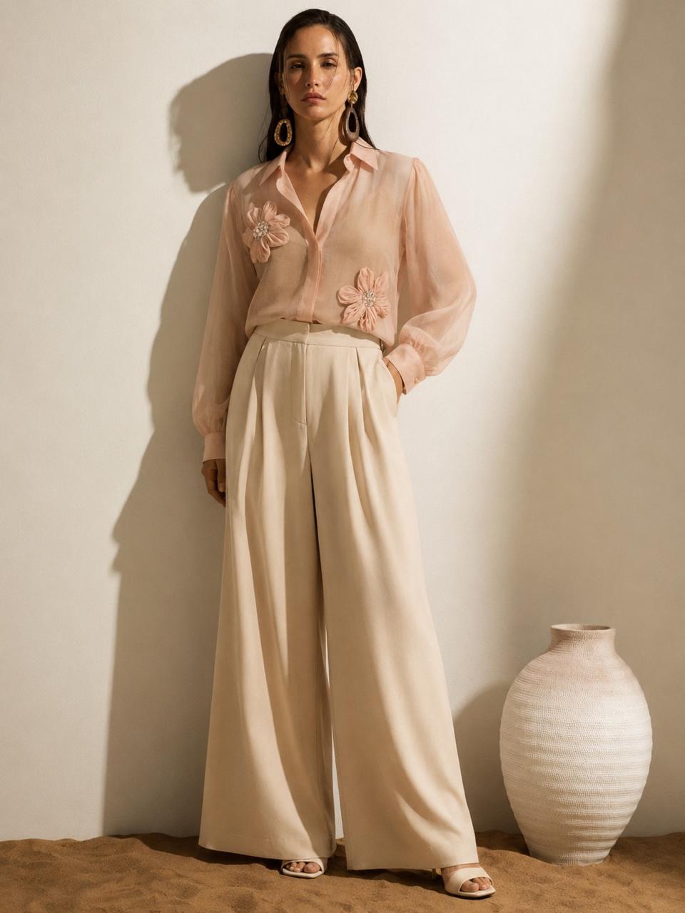 Floral Appliqué Organza Shirt – Blush Pink