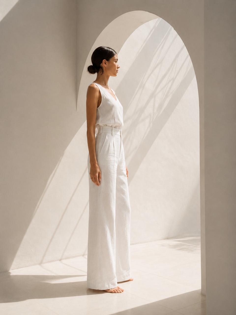 High-Waist Pleated Wide-Leg Pants – Ivory