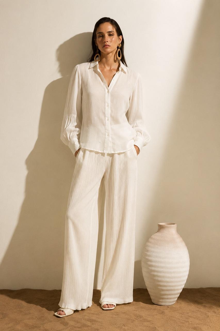 Organza Balloon-Sleeve Shirt – Ivory