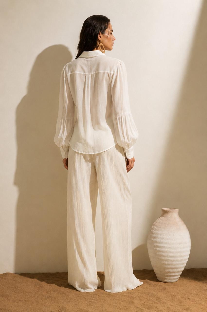 Organza Balloon-Sleeve Shirt – Ivory