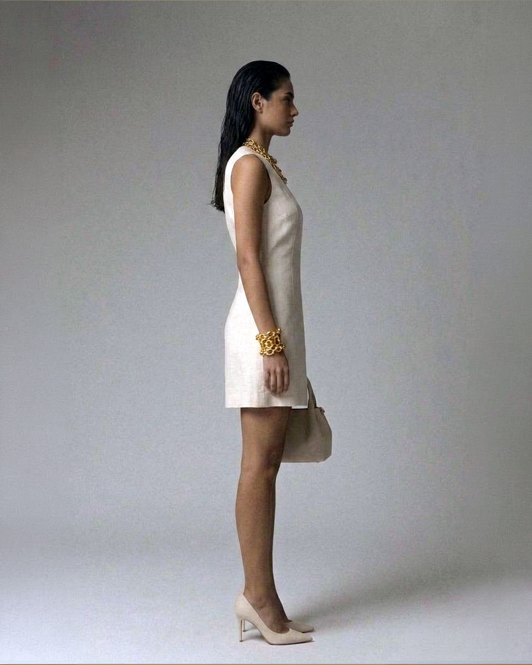 Button-Front Mini Dress – Soft Ivory