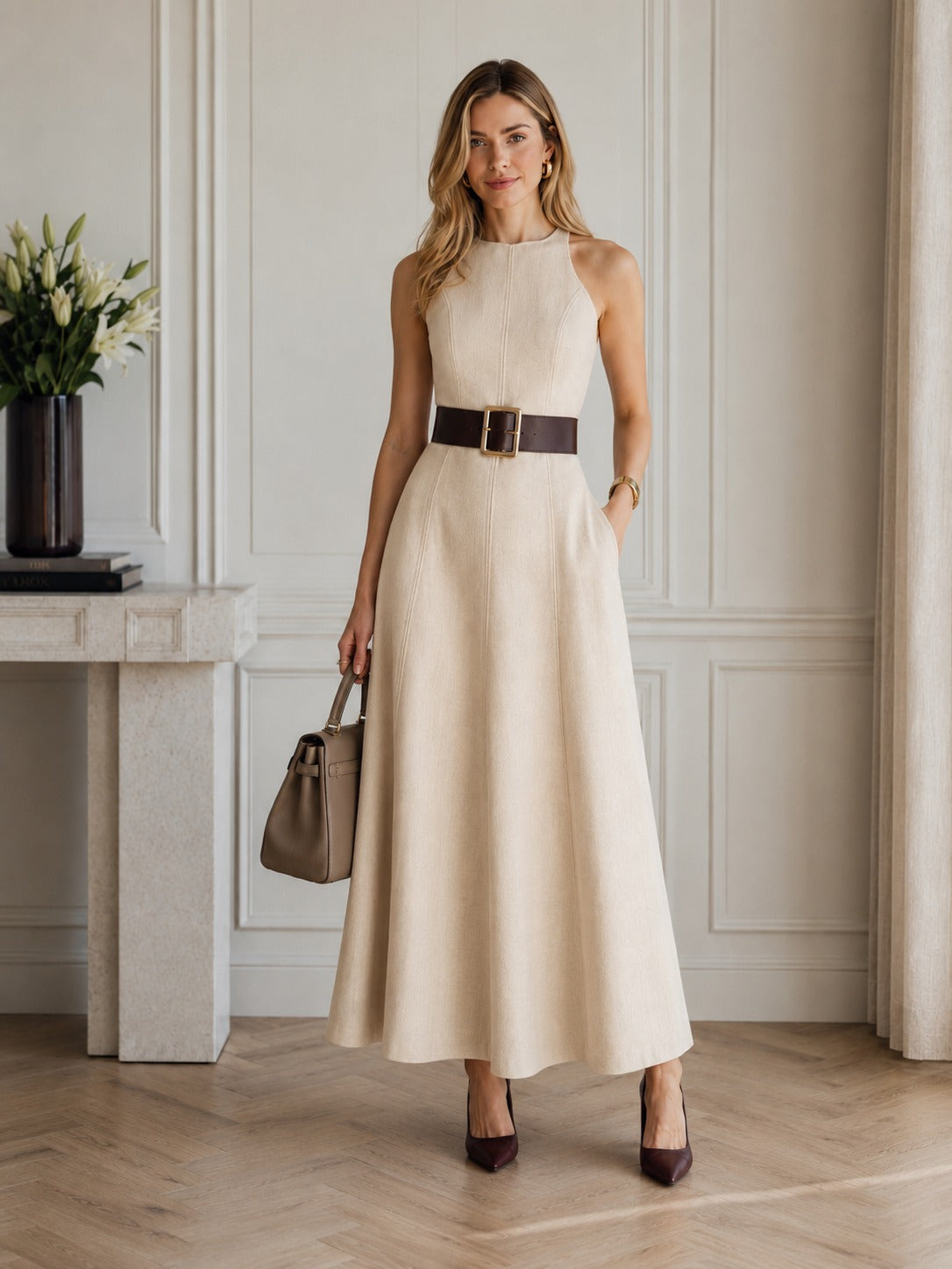 Elaria Linen Midi Dress – Blush