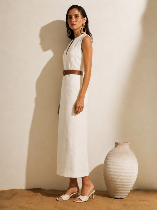 Aurelia White Linen Belted Midi Dress