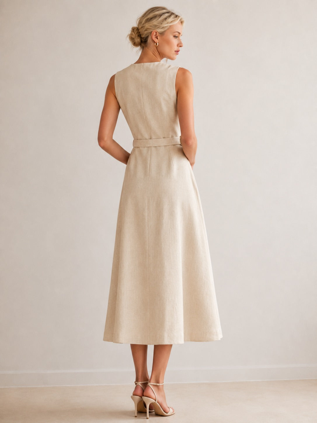 Serene Linen Button-Down Midi Dress – Soft Ivory