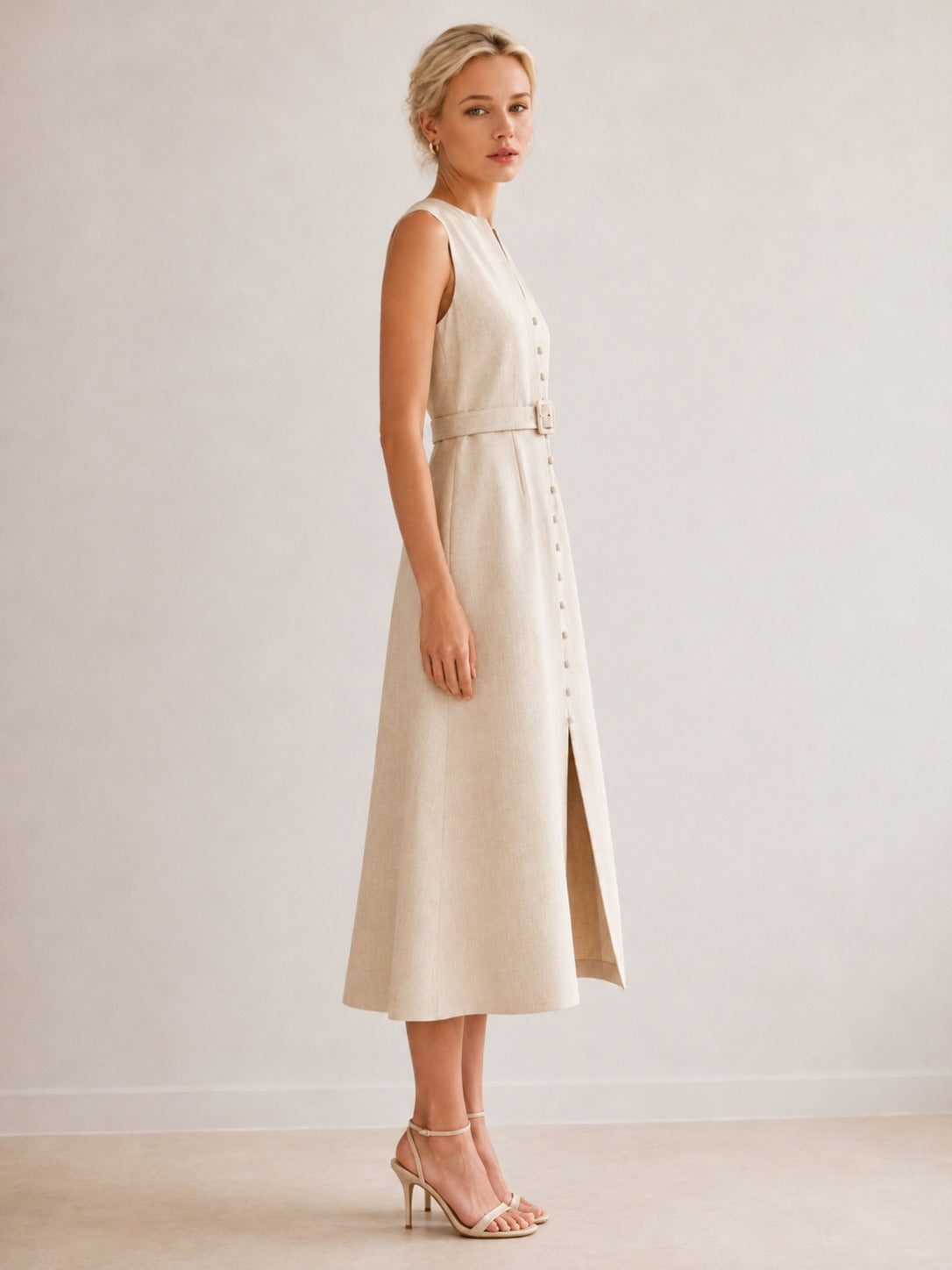 Serene Linen Button-Down Midi Dress – Soft Ivory