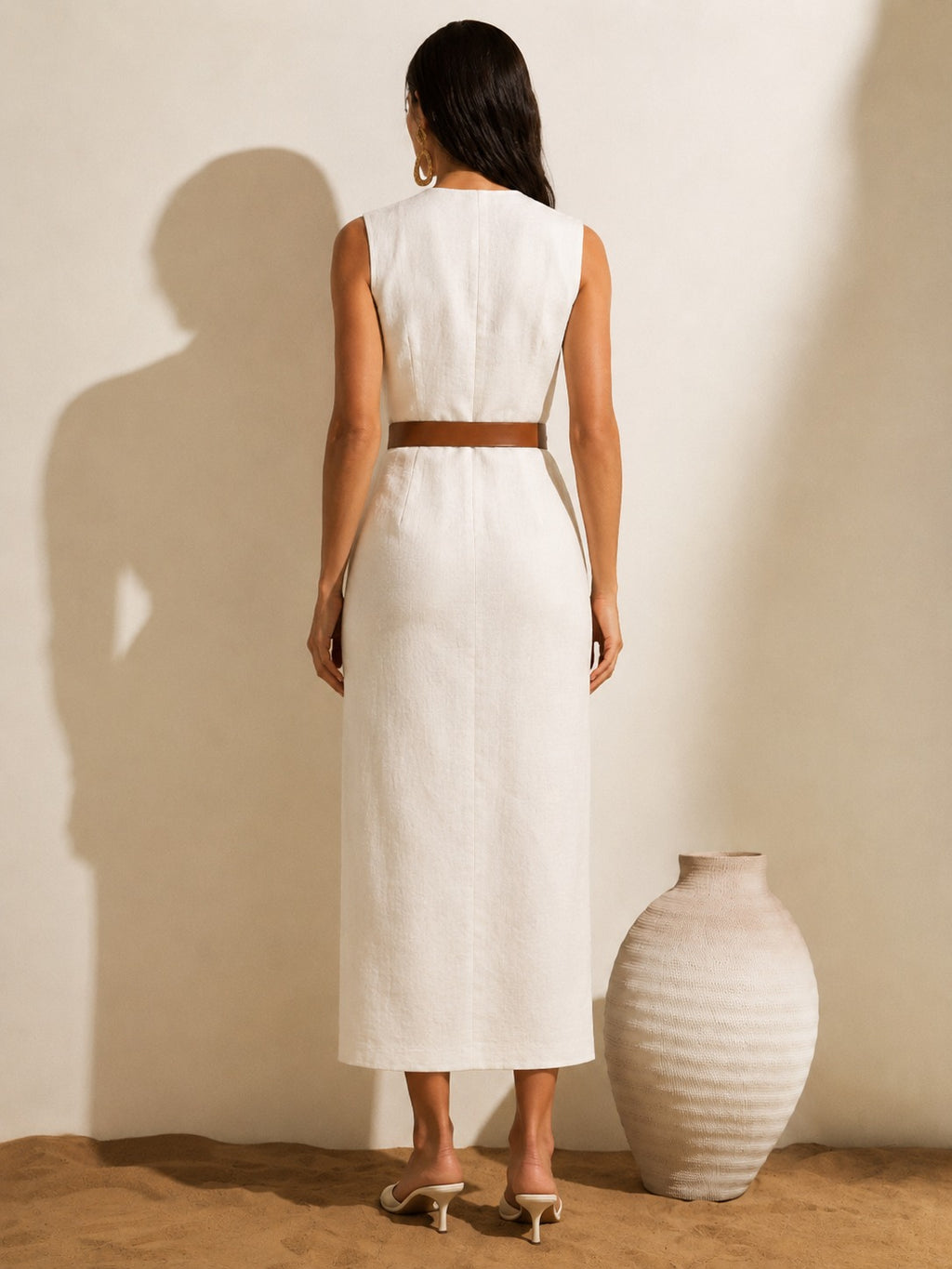 Aurelia White Linen Belted Midi Dress