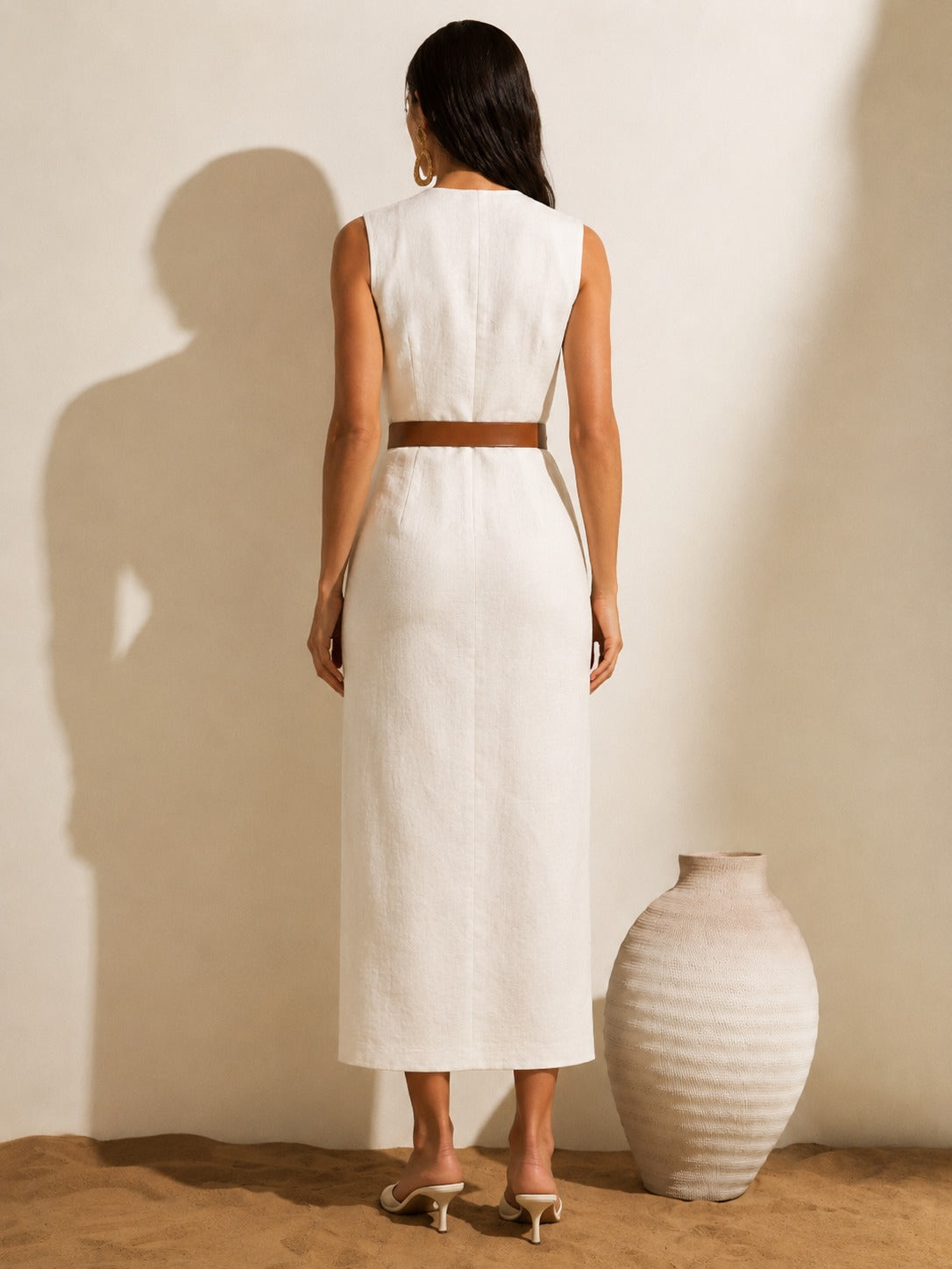 Aurelia White Linen Belted Midi Dress