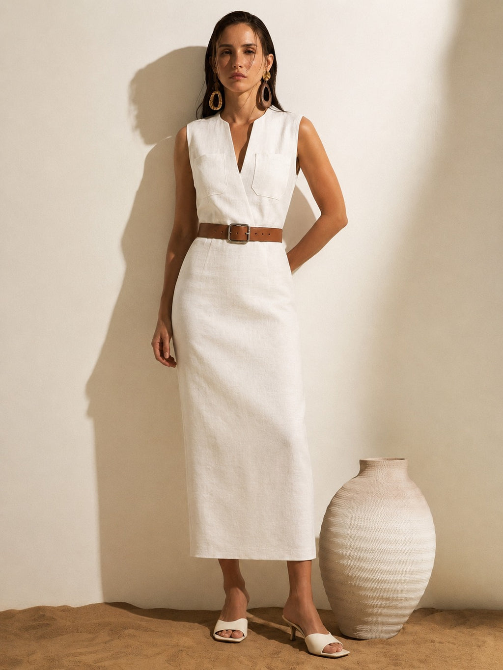 Aurelia White Linen Belted Midi Dress