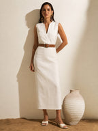 Aurelia White Linen Belted Midi Dress