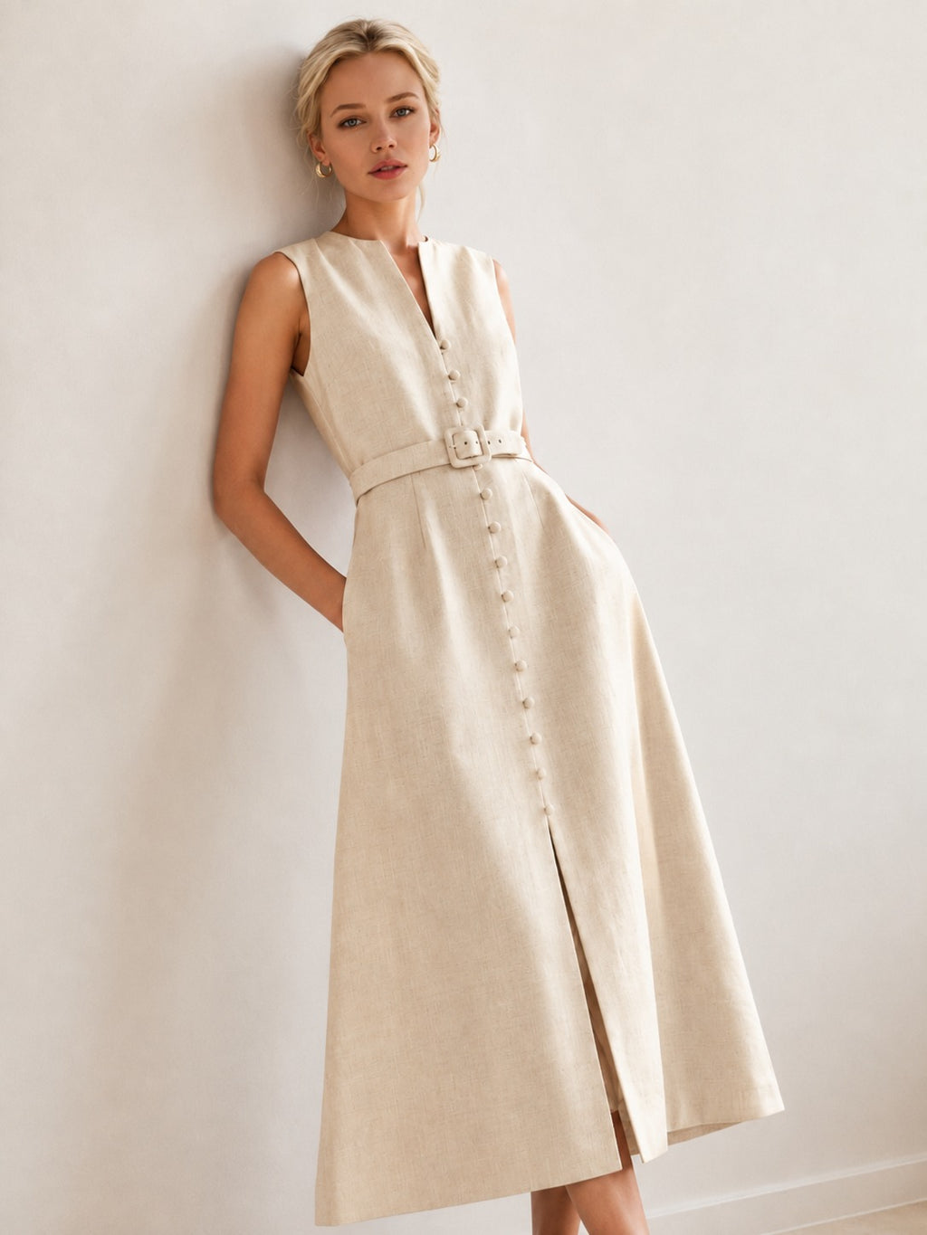 Serene Linen Button-Down Midi Dress – Soft Ivory
