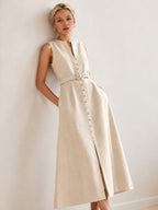 Serene Linen Button-Down Midi Dress – Soft Ivory