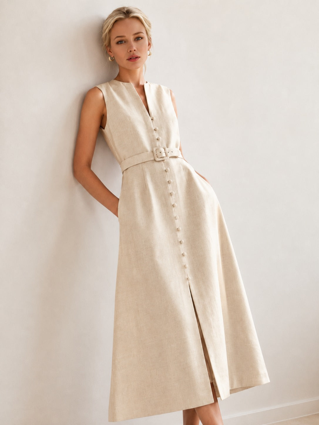 Serene Linen Button-Down Midi Dress – Soft Ivory
