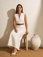 Aurelia White Linen Belted Midi Dress
